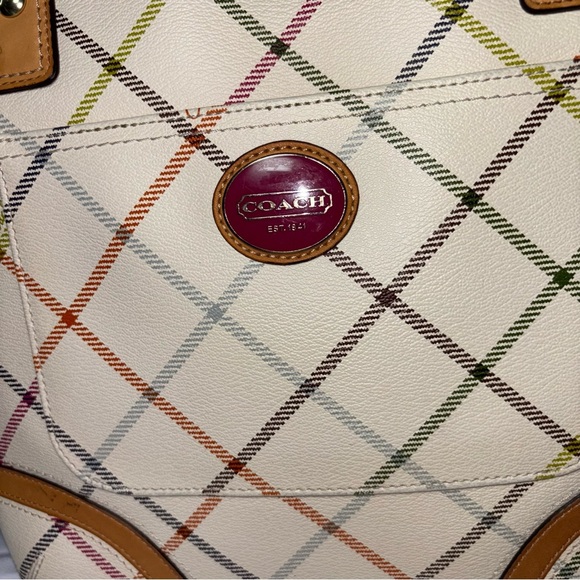 COACH Peyton Tattersall Stripe Tote Shoulder Bag F21863 Cream Plaid Multicolor - Picture 2 of 10